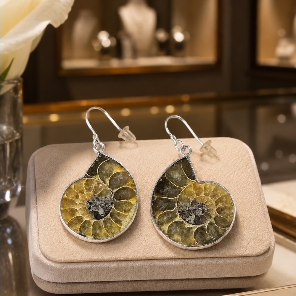 Artisan Ammonite Slice Drop Earrings Ancient beauty fossilized natural swirl
